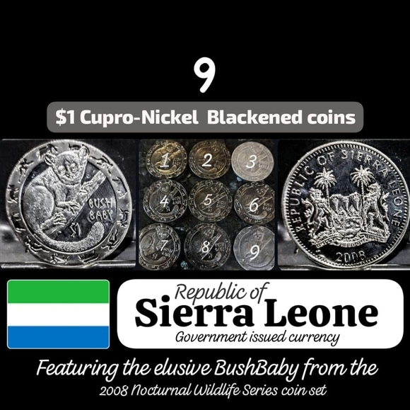 Sierra Leone coin Other - lot of 9- 2008 Sierra Leone Cupro-nickel $1 Blackened coins - wildlife Series-